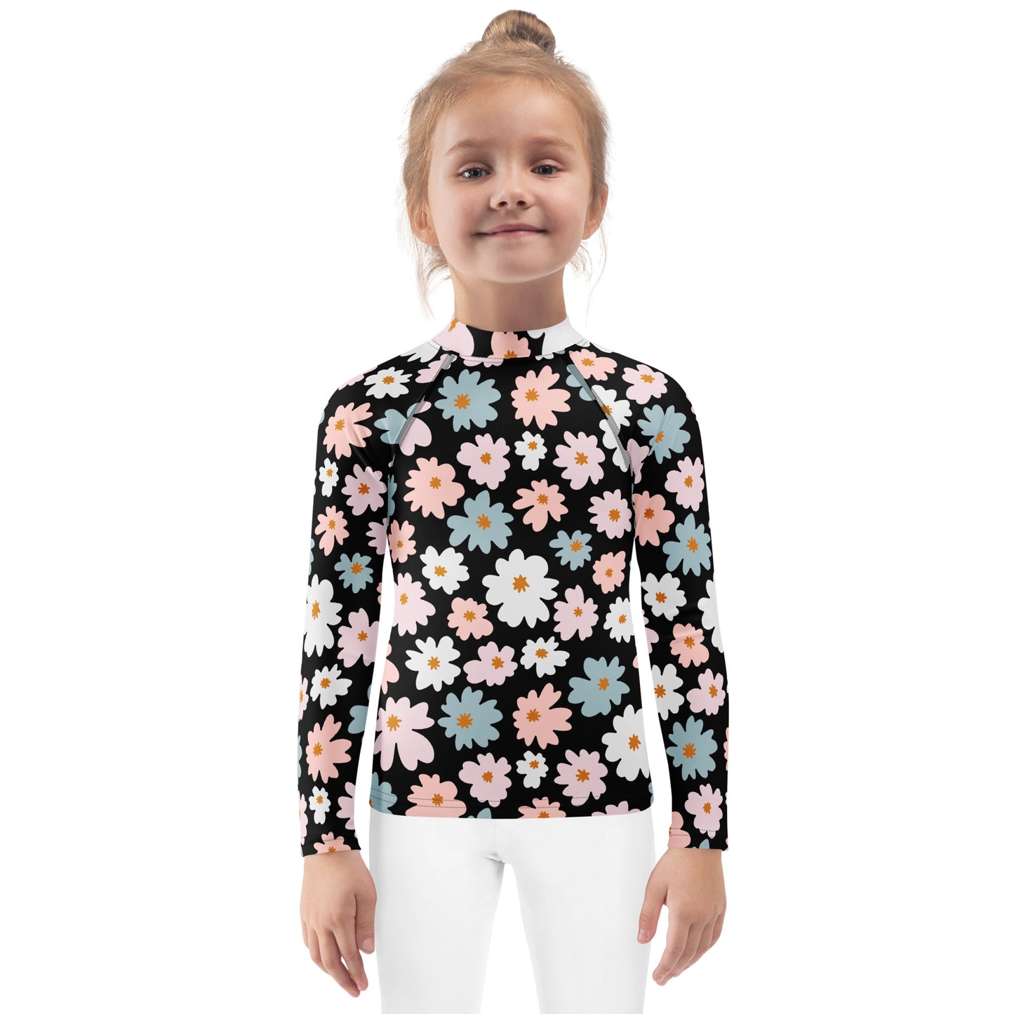 Girls Flower Scale Long Sleeve Rash Guard Swim Shirt With UPF 50+
