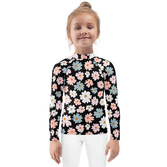 Girls Flower Scale Long Sleeve Rash Guard Swim Shirt With UPF 50+
