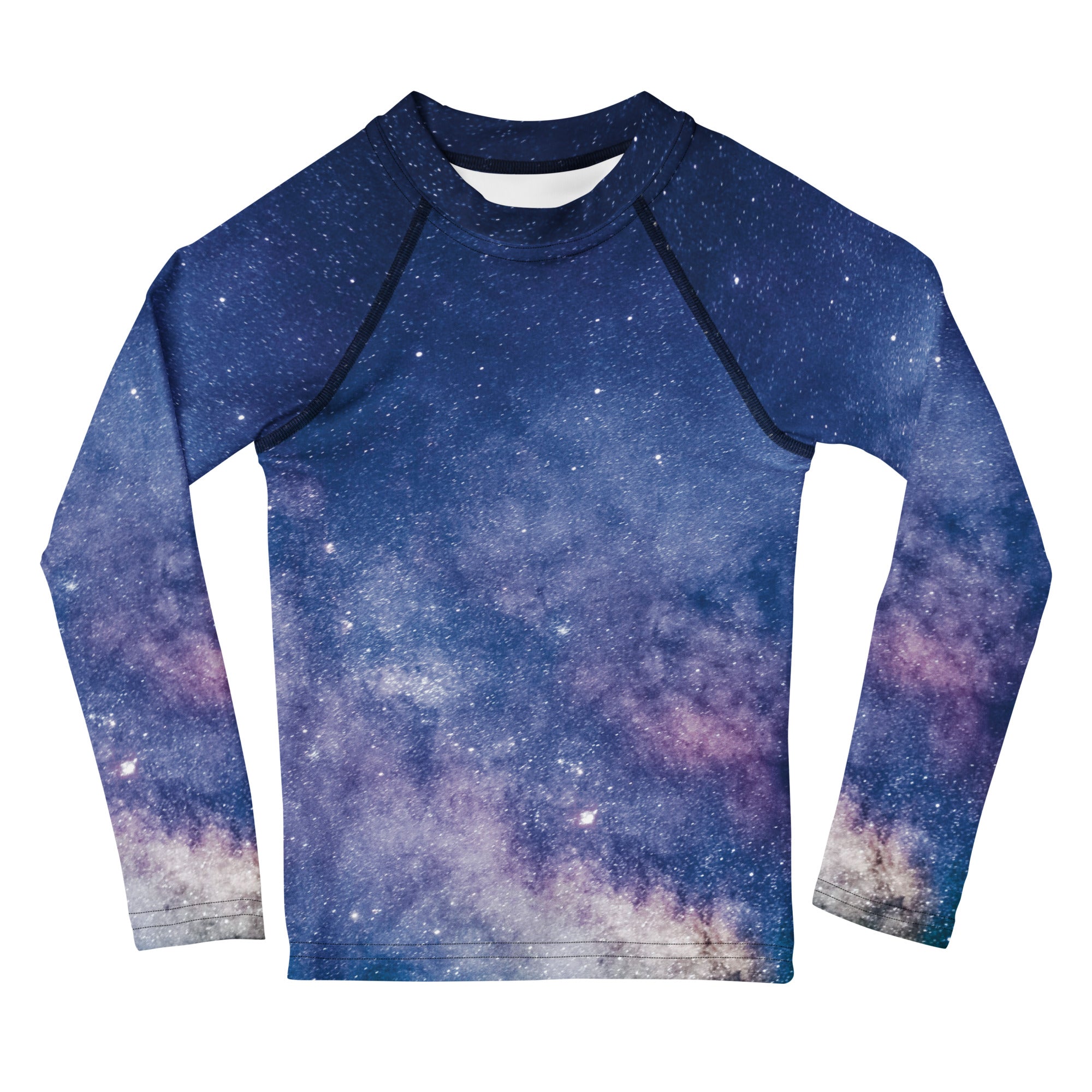 Kids realistic galaxy long sleeve rash guard swim shirt with vibrant blue purple nebula print and upf 50 plus protection