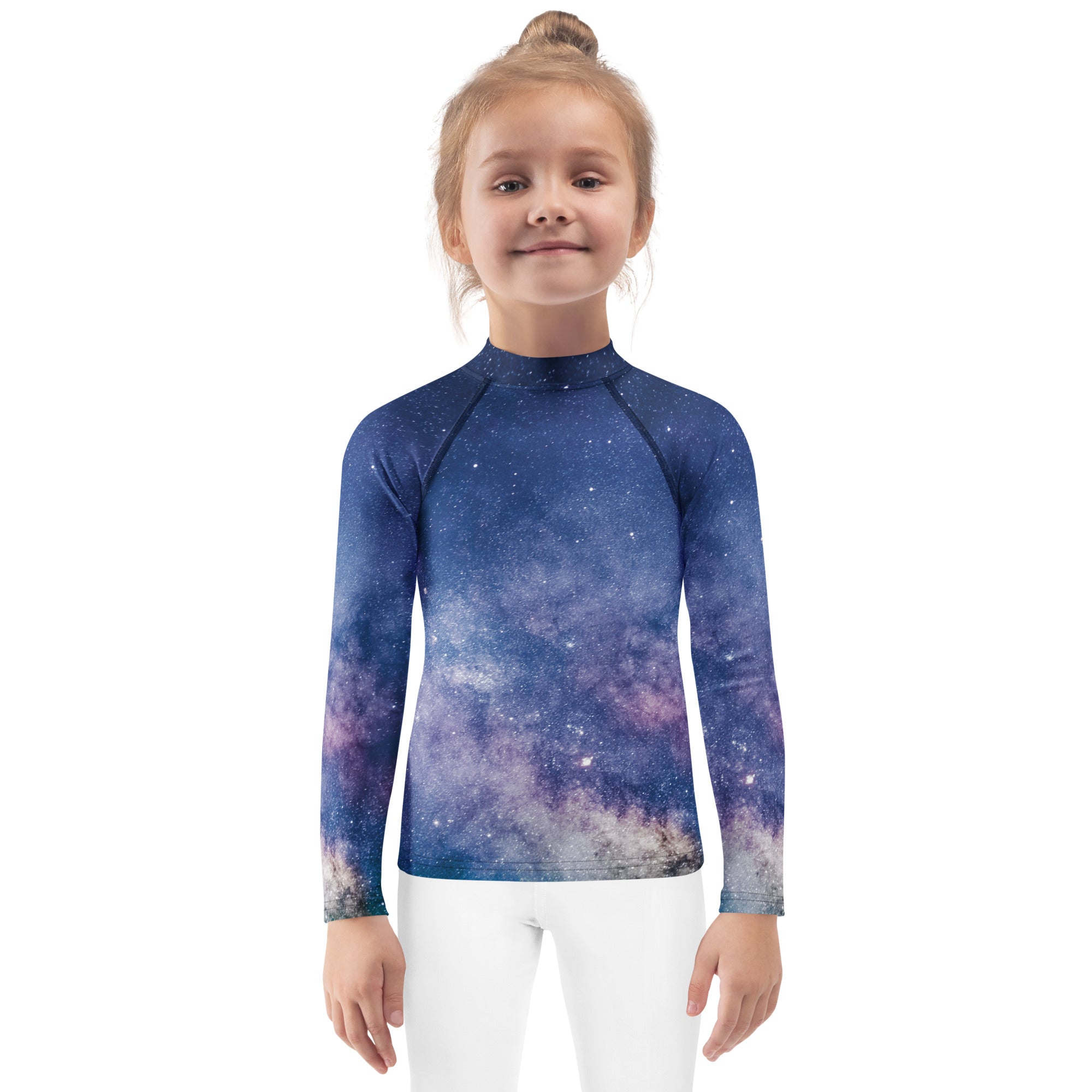 Kids realistic galaxy long sleeve rash guard swim shirt with vibrant blue and purple star print and UPF 50 plus protection