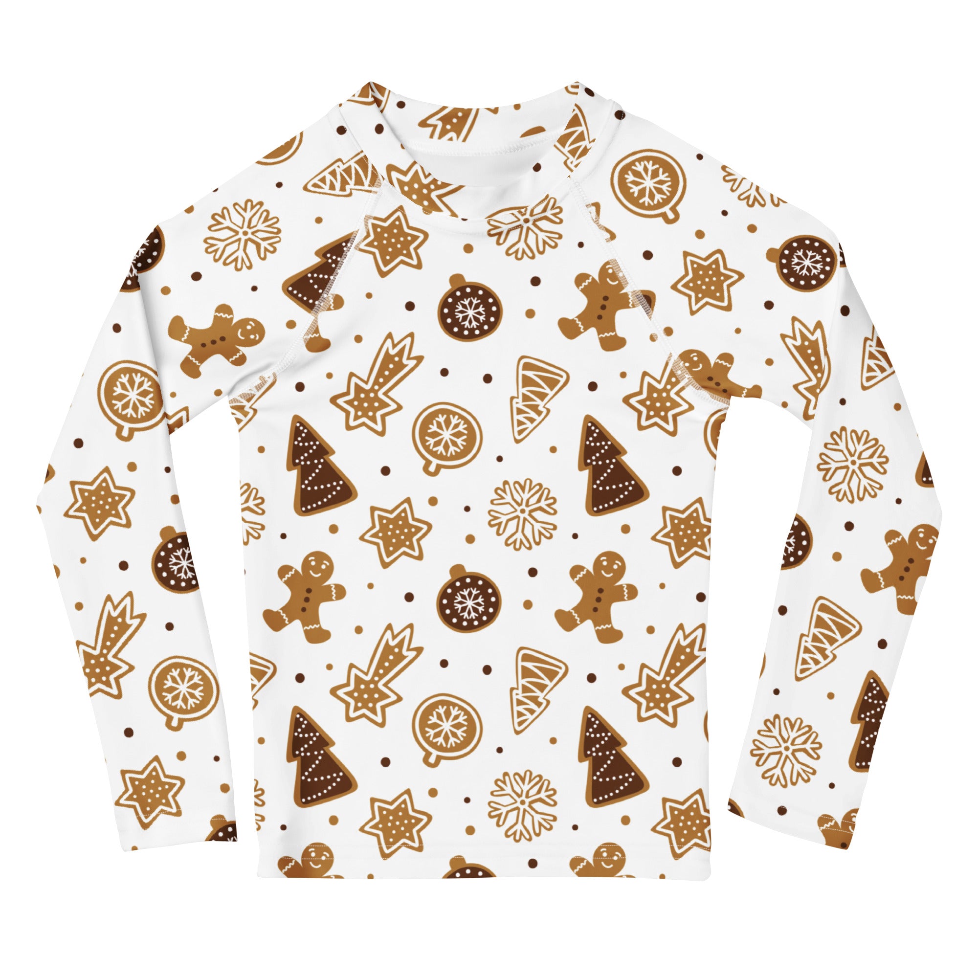 White kids long sleeve rash guard swim shirt with festive gingerbread men christmas pattern and upf 50 plus protection