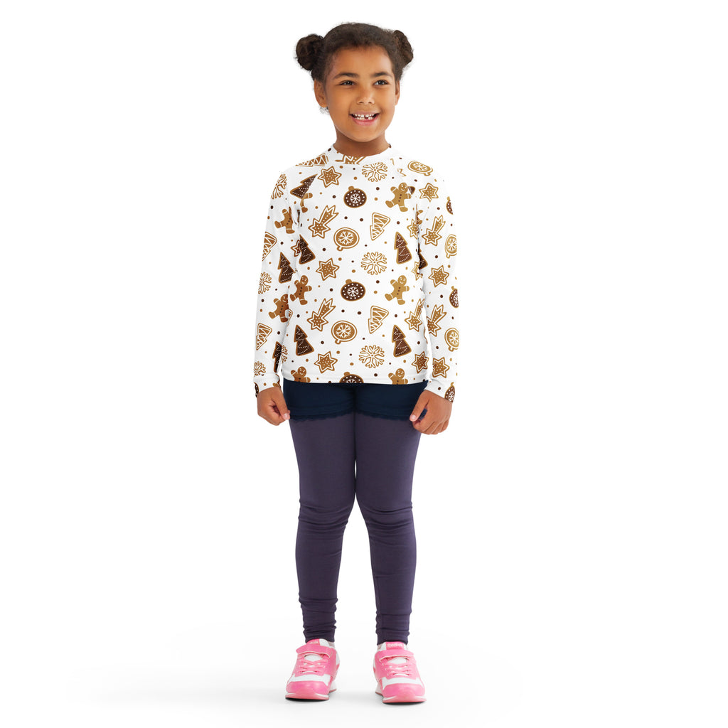Kids white long sleeve rash guard swim shirt with brown gingerbread man tree and cookie patterns upf 50+