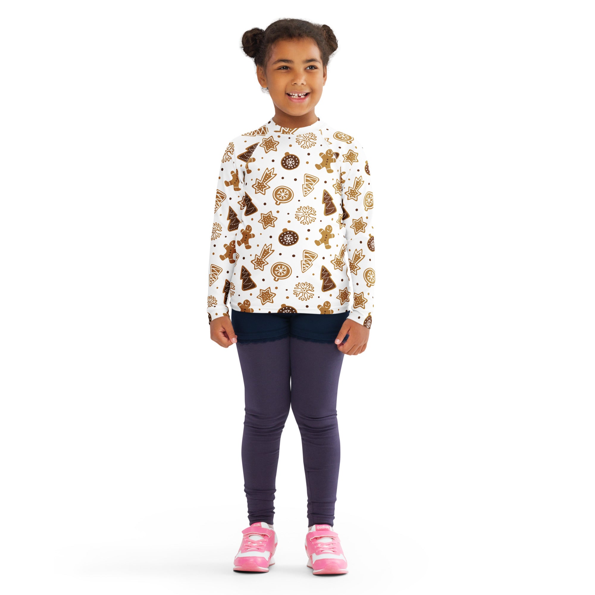 Kids white long sleeve rash guard swim shirt with brown gingerbread man tree and cookie patterns upf 50+