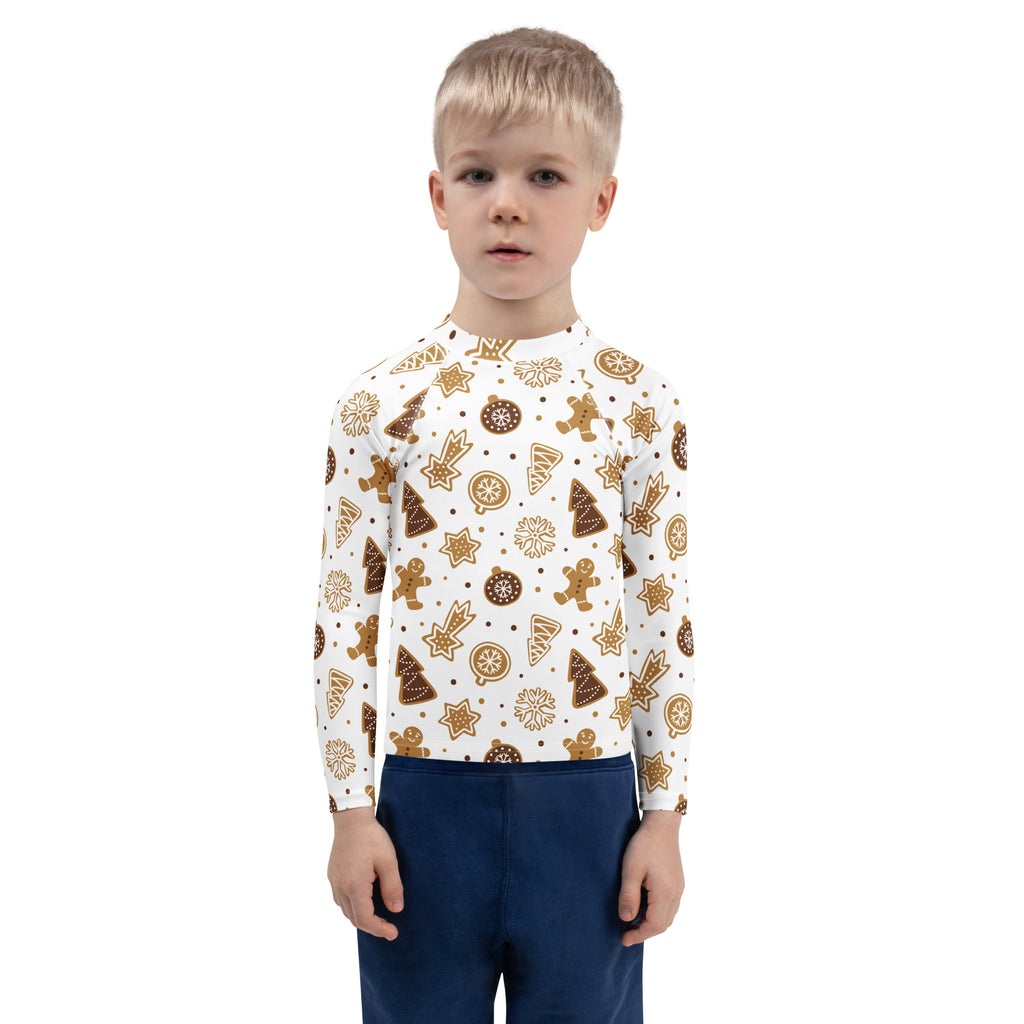 Kids gingerbread cookies christmas long sleeve rash guard swim shirt with upf 50 plus in white with brown holiday patterns