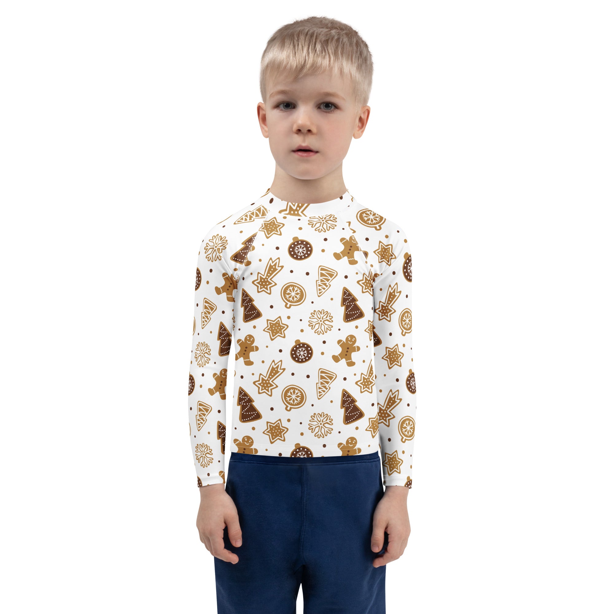 Kids gingerbread cookies christmas long sleeve rash guard swim shirt with upf 50 plus in white with brown holiday patterns