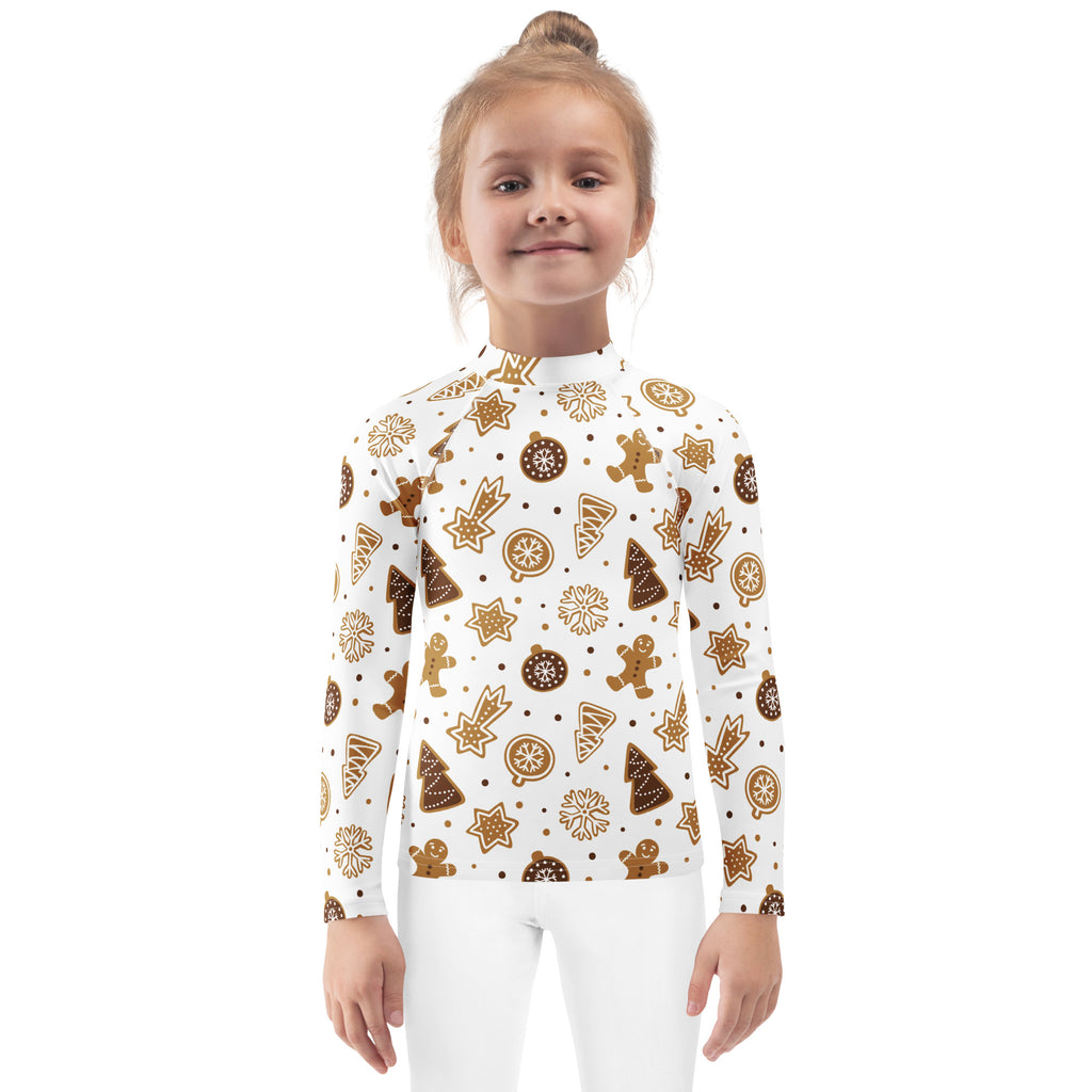 Kids gingerbread cookies christmas long sleeve rash guard swim shirt white with festive brown holiday graphics and upf 50+