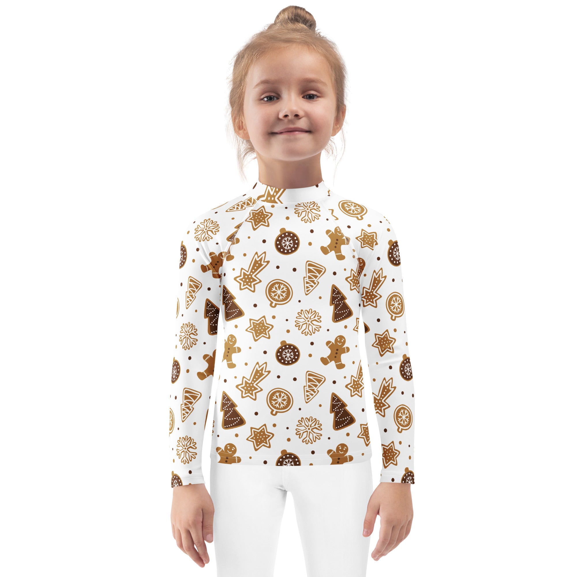 Kids gingerbread cookies christmas long sleeve rash guard swim shirt white with festive brown holiday graphics and upf 50+