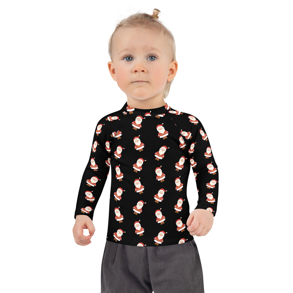 Black kids santa claus christmas long sleeve rash guard swim shirt with upf 50 plus featuring cartoon santa pattern