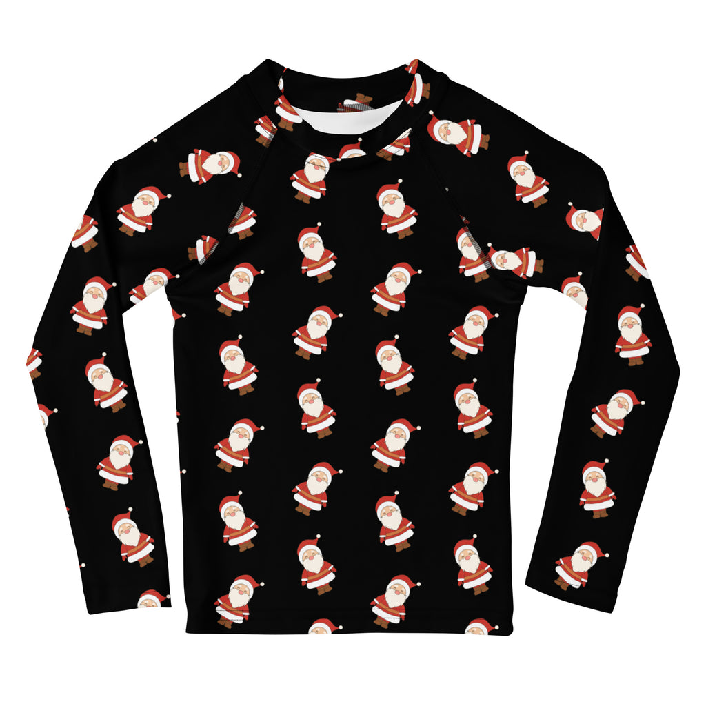 Black kids long sleeve rash guard swim shirt with repeating red and white cartoon santas and upf 50 protection