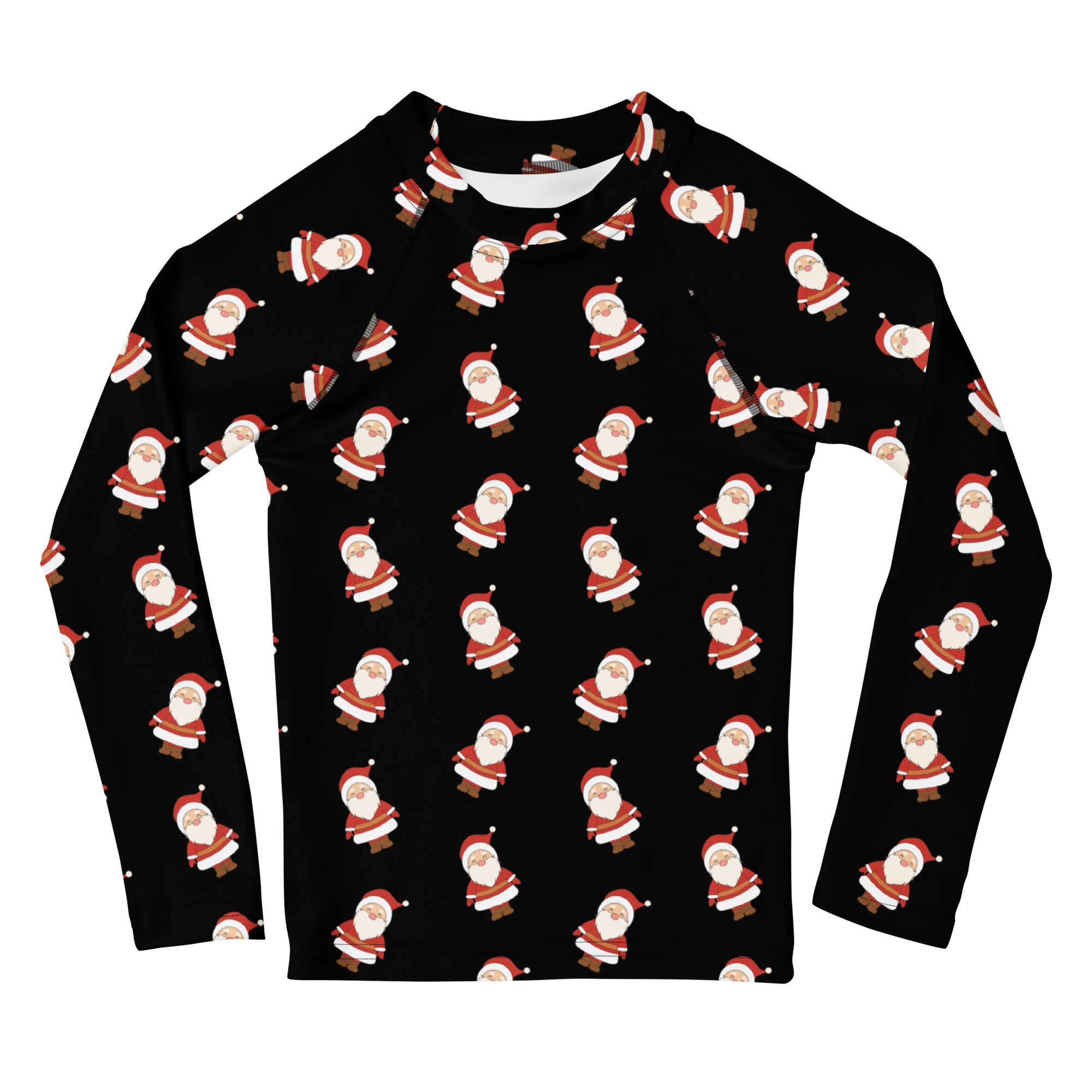 Black kids long sleeve rash guard swim shirt with repeating red and white cartoon santas and upf 50 protection
