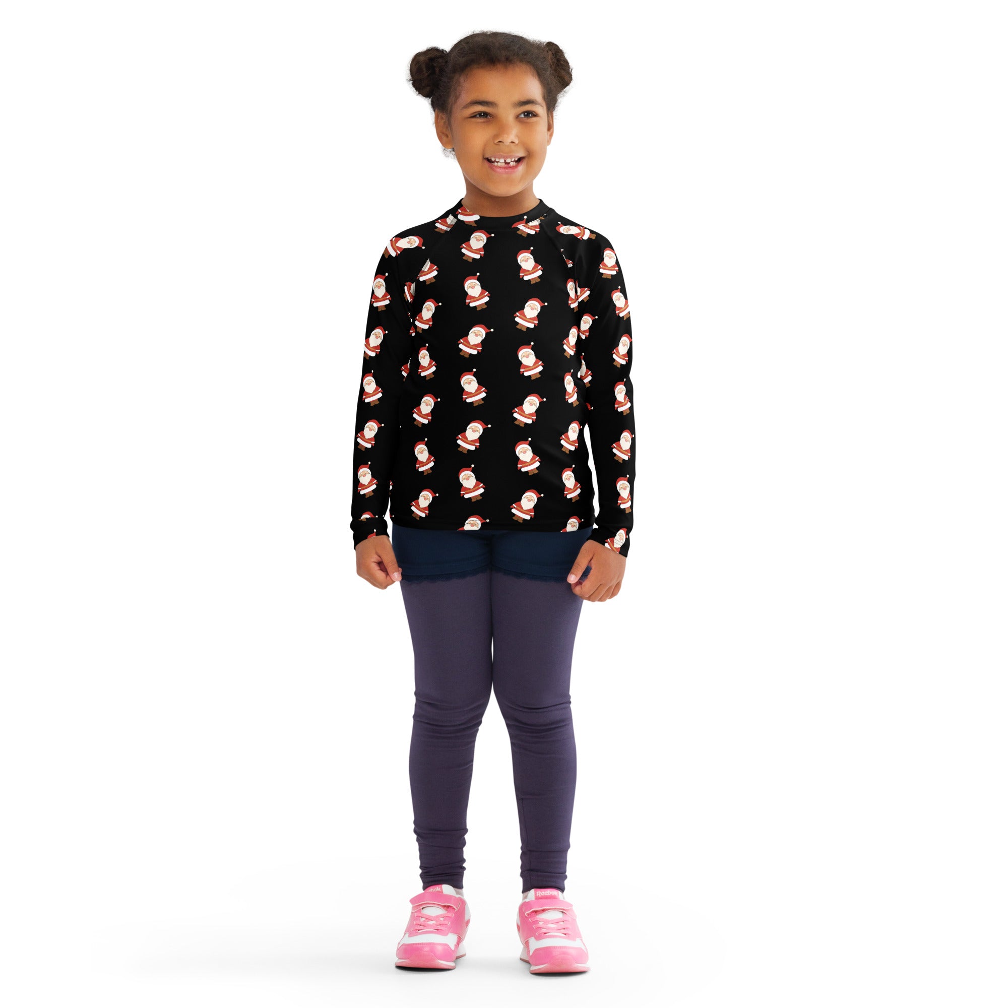 Kids santa claus christmas long sleeve rash guard swim shirt with UPF 50 plus black with cartoon santa pattern worn by child