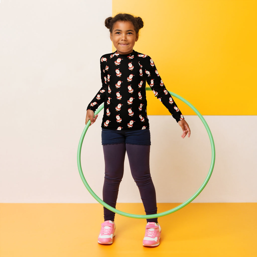Green plastic hula hoop shown with kids santa claus christmas long sleeve rash guard swim shirt with upf 50+