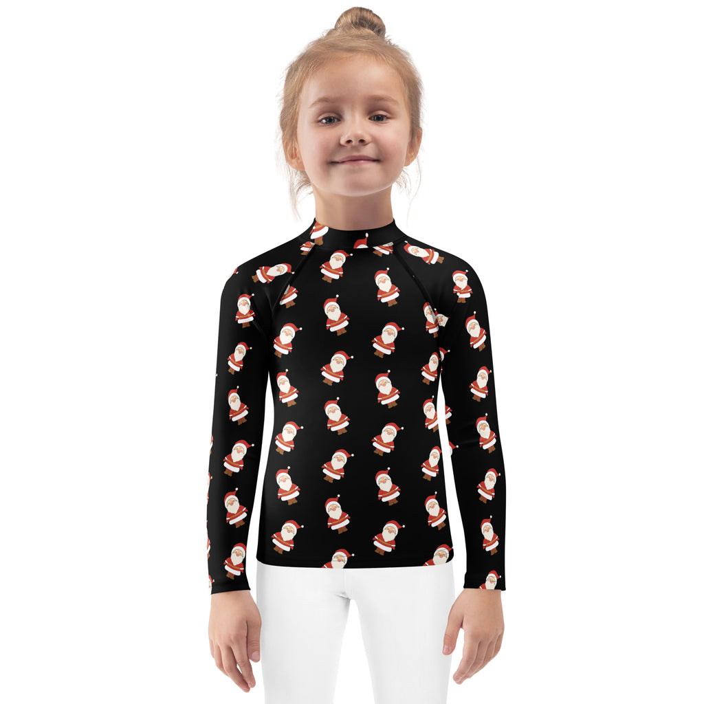 Black kids long sleeve rash guard swim shirt with cartoon santa pattern and upf 50 plus sun protection