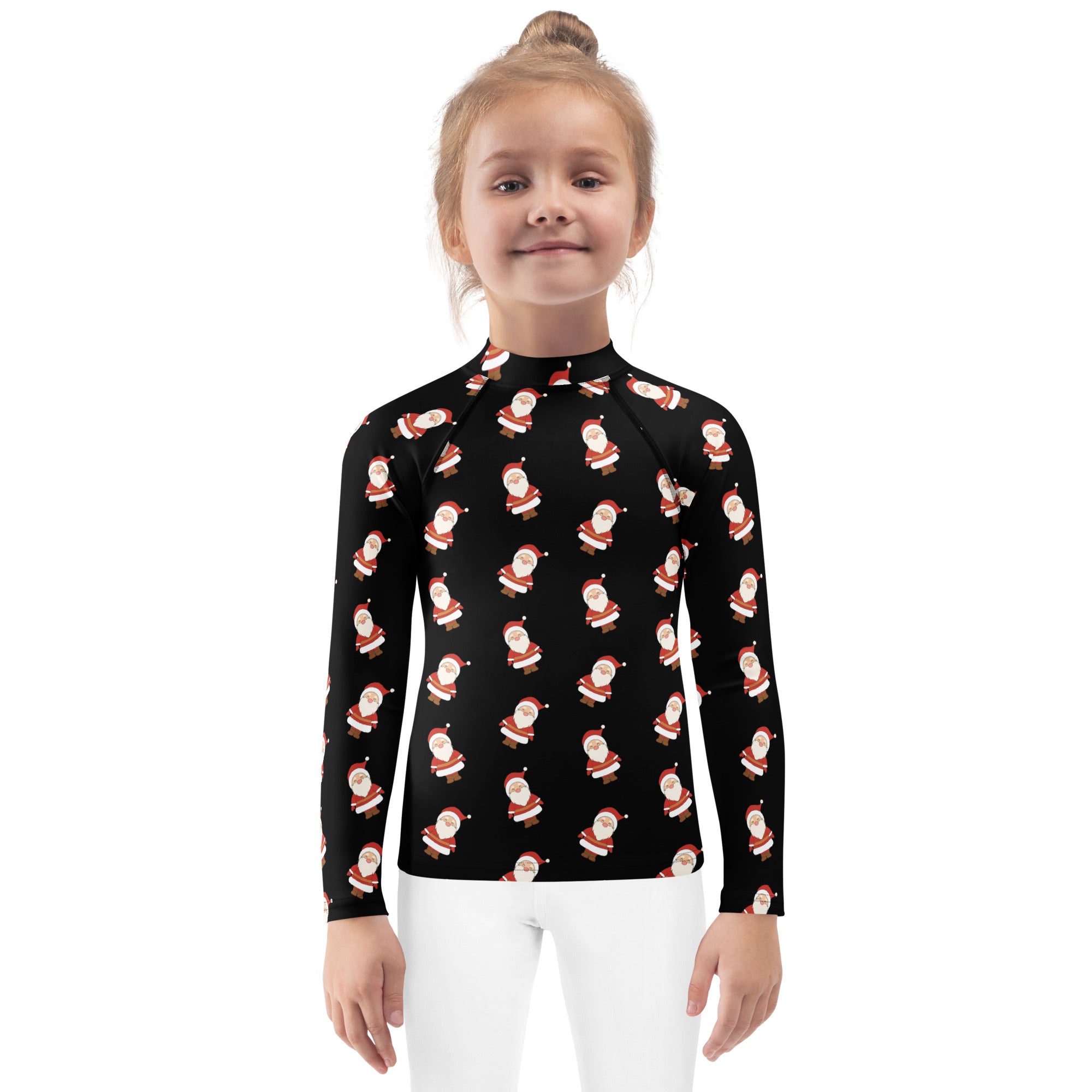 Black kids long sleeve rash guard swim shirt with cartoon santa pattern and upf 50 plus sun protection