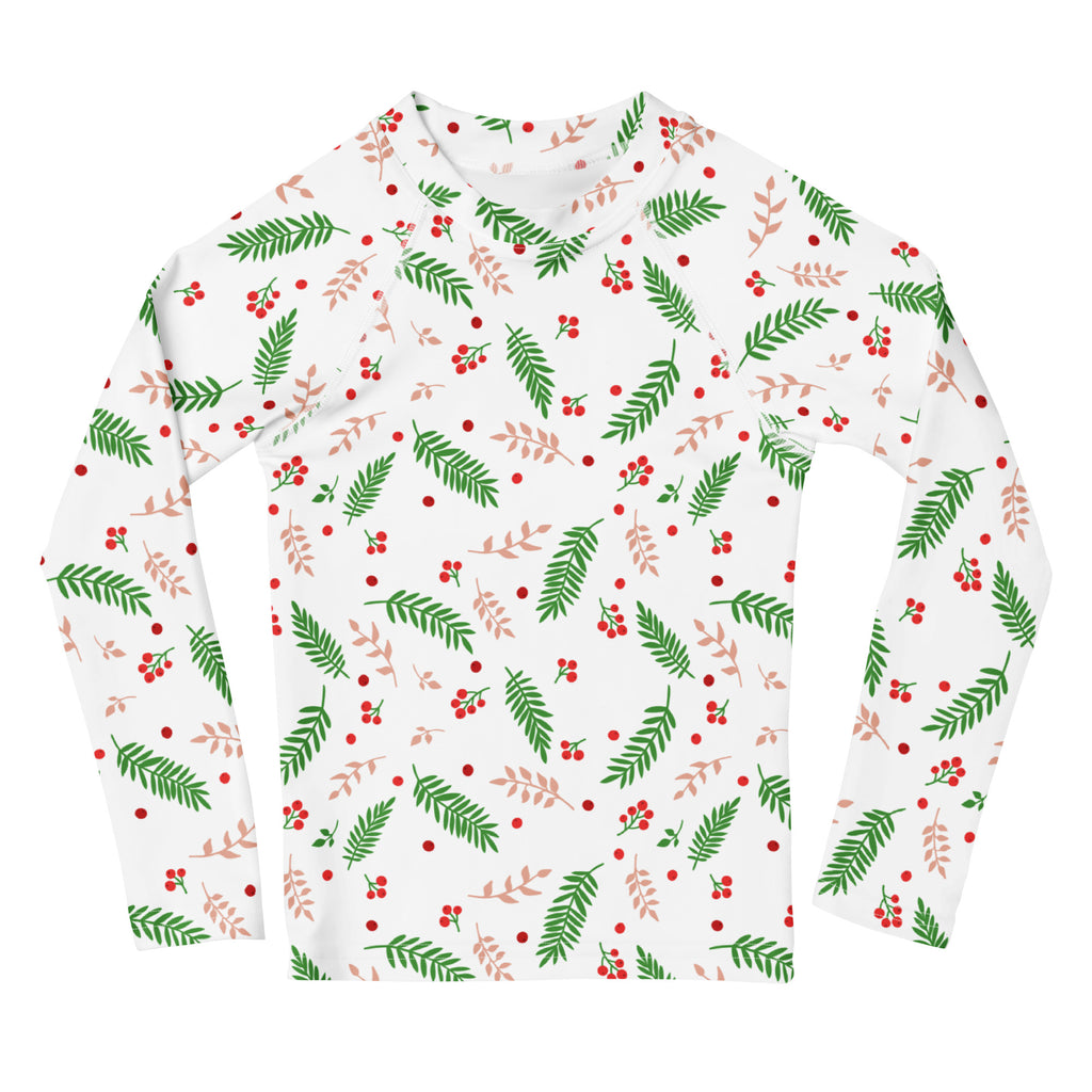 Kids holly and evergreen christmas long sleeve rash guard swim shirt with UPF 50 plus white with festive leaf and berry pattern