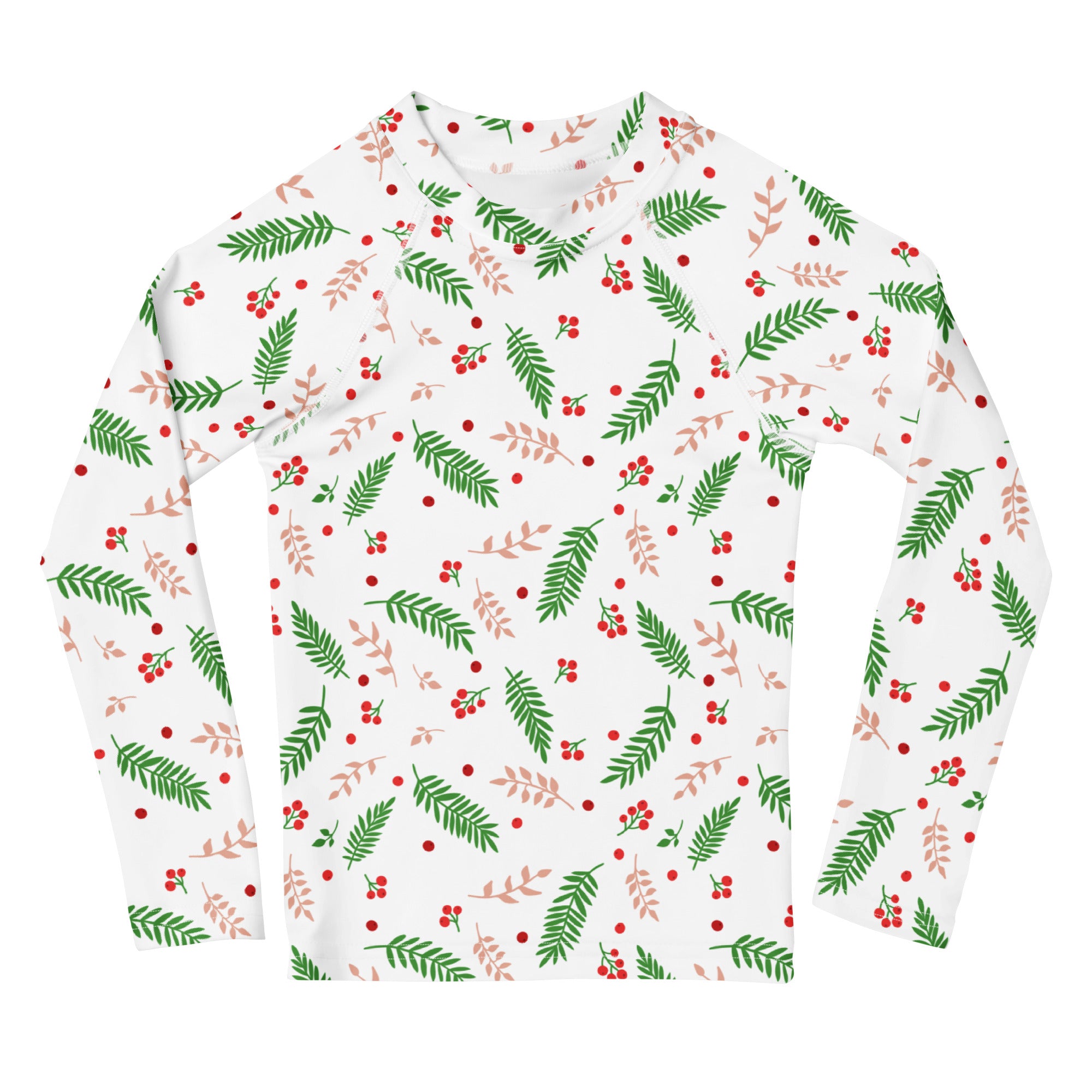 Kids holly and evergreen christmas long sleeve rash guard swim shirt with UPF 50 plus white with festive leaf and berry pattern