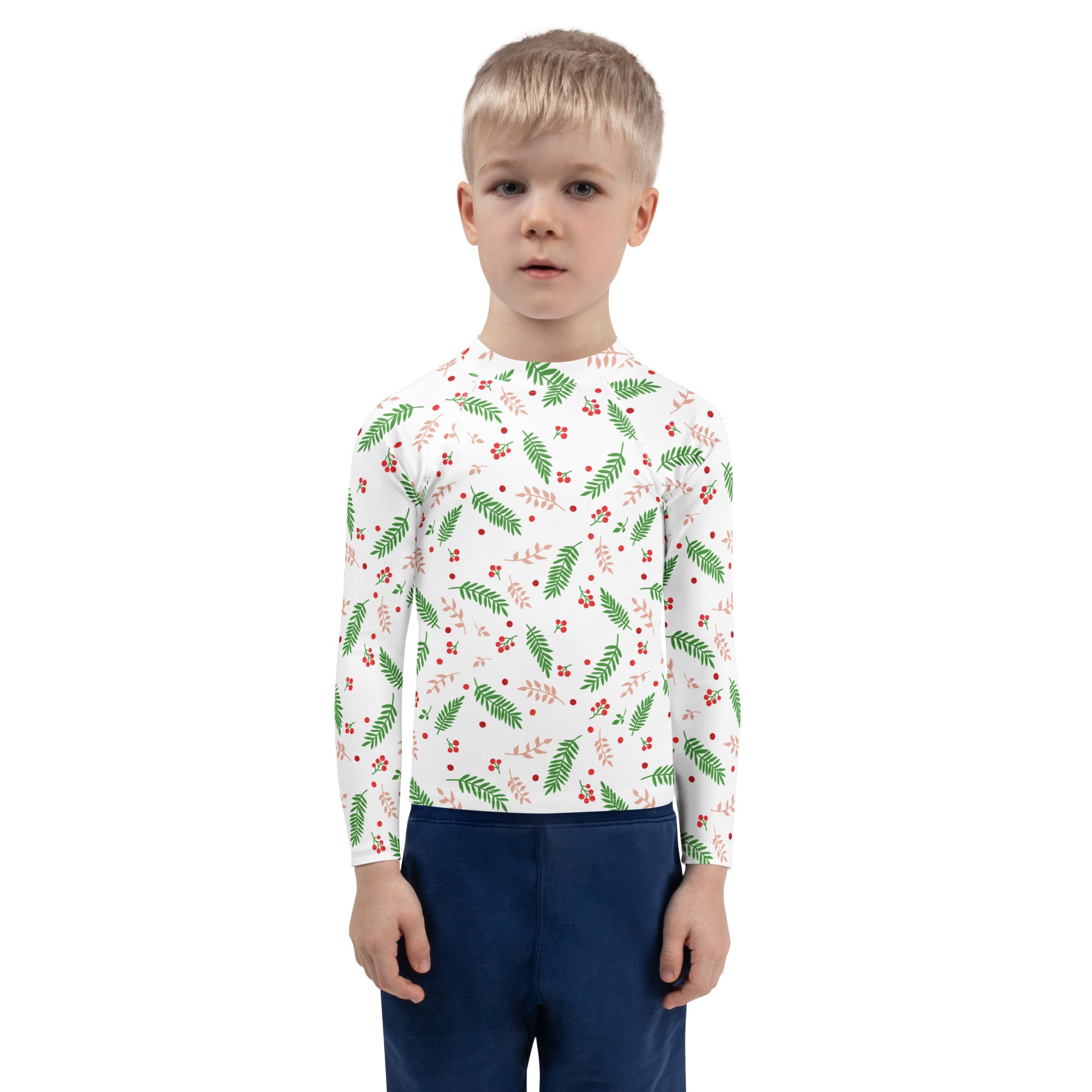 Kids holly and evergreen christmas long sleeve rash guard swim shirt in white with green ferns and red berries pattern