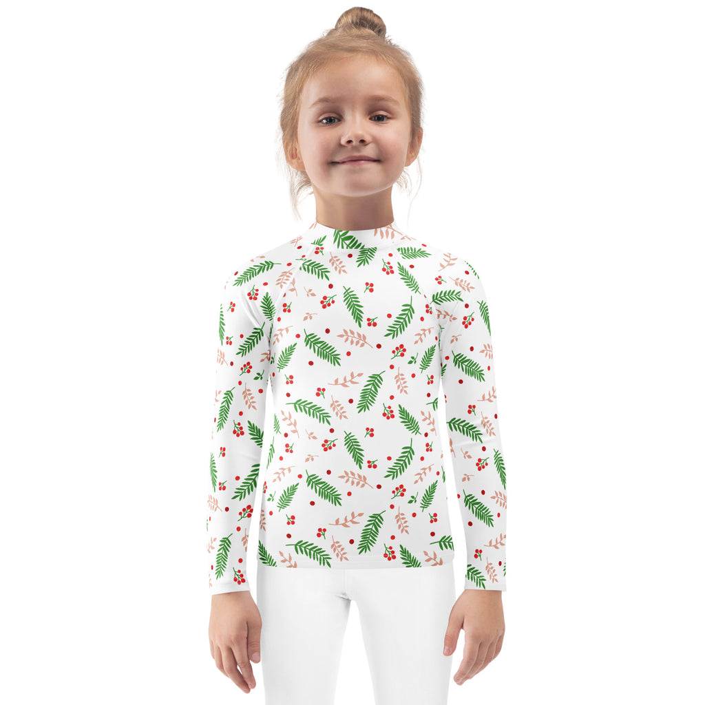 Kids holly and evergreen christmas long sleeve rash guard swim shirt with upf 50 white with green leaves and red berries