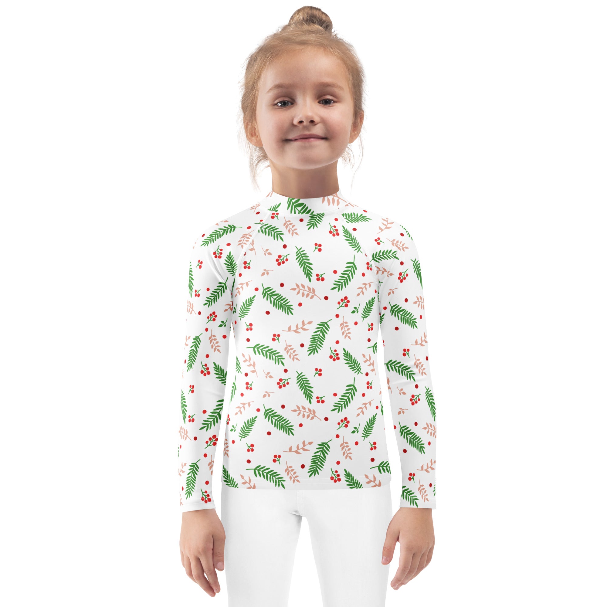 Kids holly and evergreen christmas long sleeve rash guard swim shirt with upf 50 white with green leaves and red berries