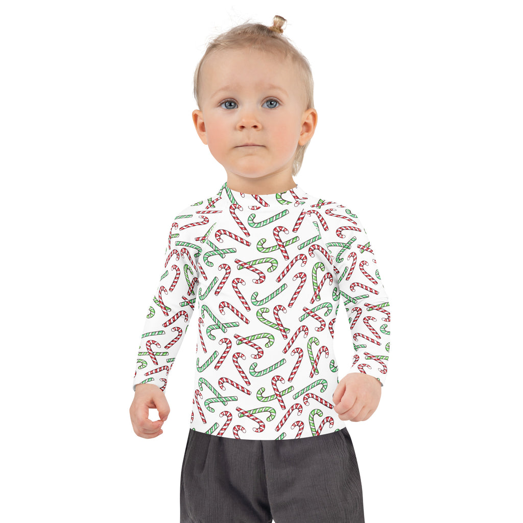Kids Red & Green Candy Cane Christmas Long Sleeve Rash Guard Swim Shirt With UPF 50+