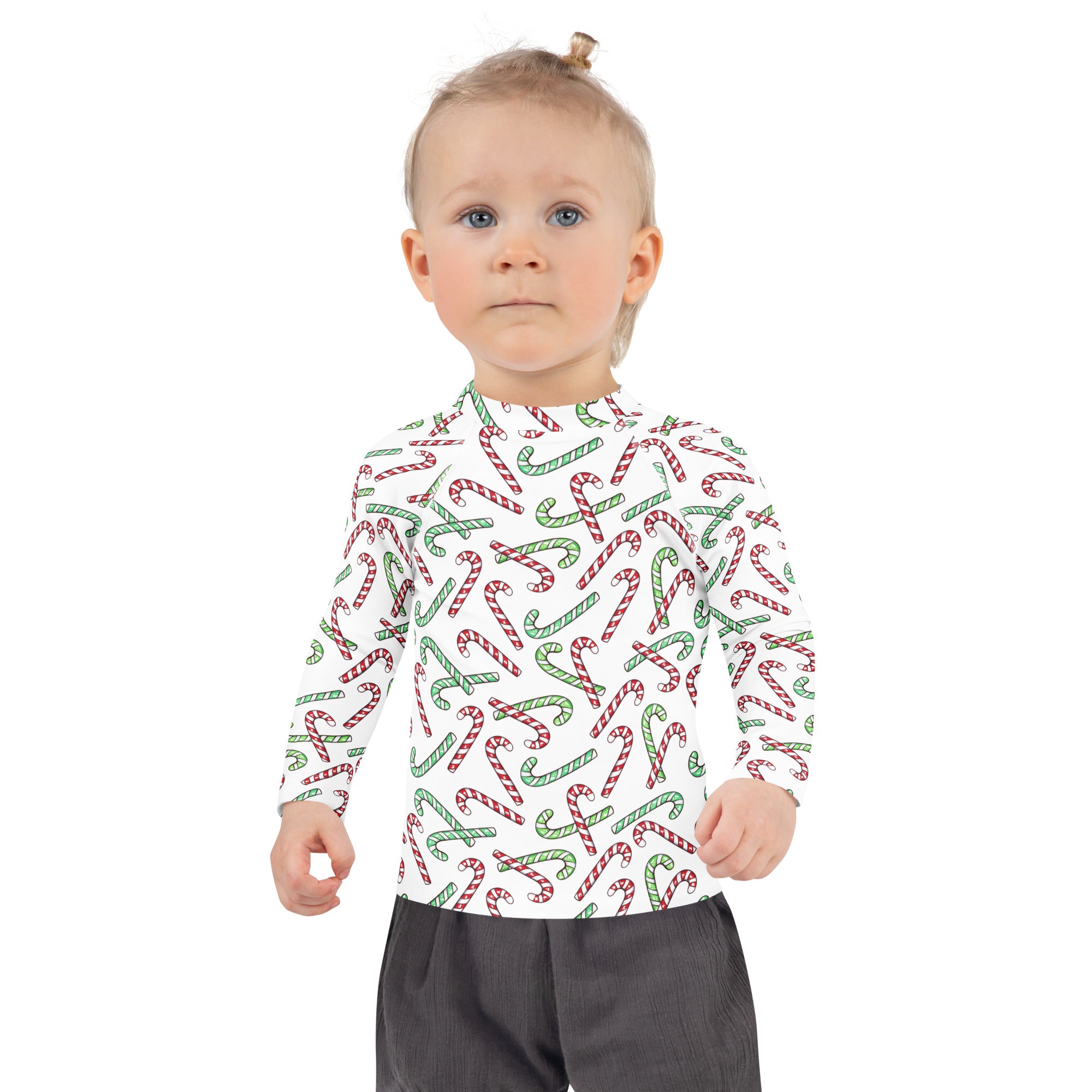 Kids Red & Green Candy Cane Christmas Long Sleeve Rash Guard Swim Shirt With UPF 50+