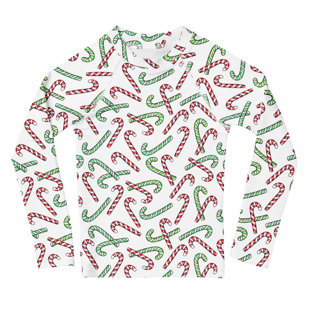 Kids Red & Green Candy Cane Christmas Long Sleeve Rash Guard Swim Shirt With UPF 50+