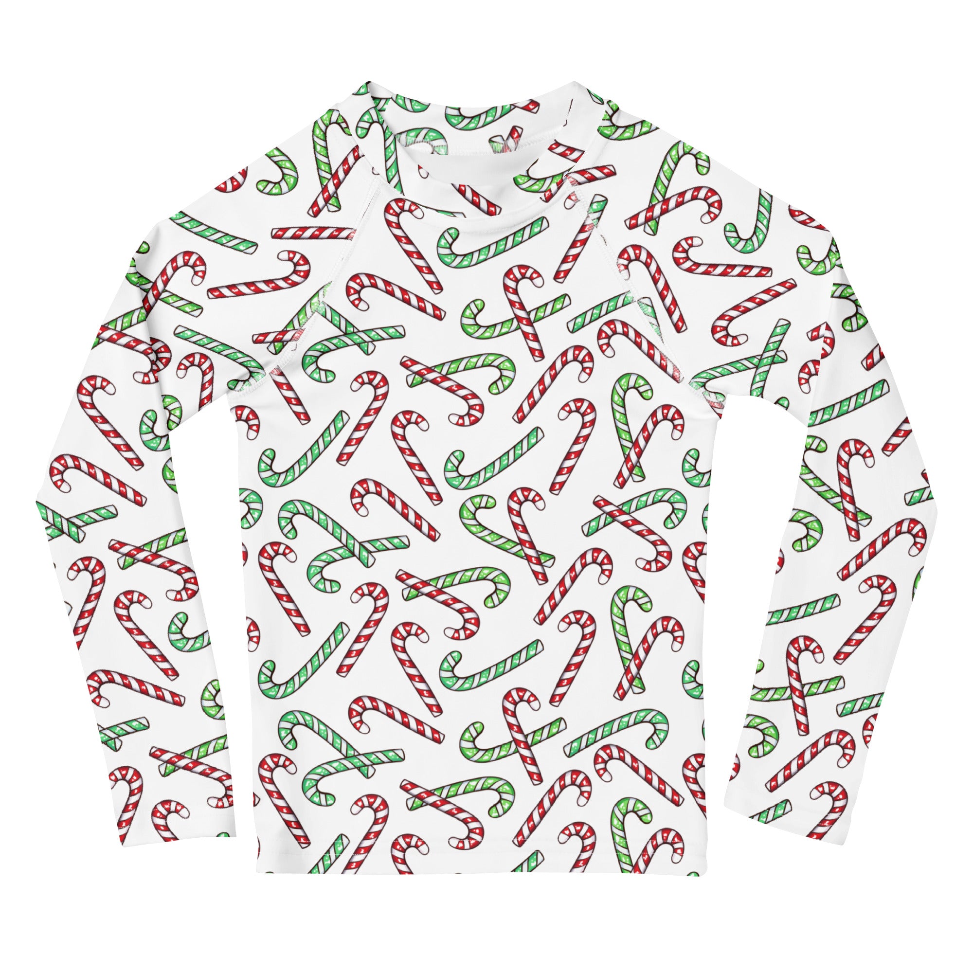 Kids Red & Green Candy Cane Christmas Long Sleeve Rash Guard Swim Shirt With UPF 50+