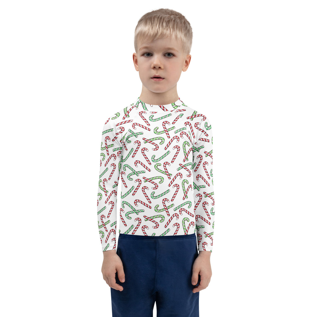 Kids Red & Green Candy Cane Christmas Long Sleeve Rash Guard Swim Shirt With UPF 50+