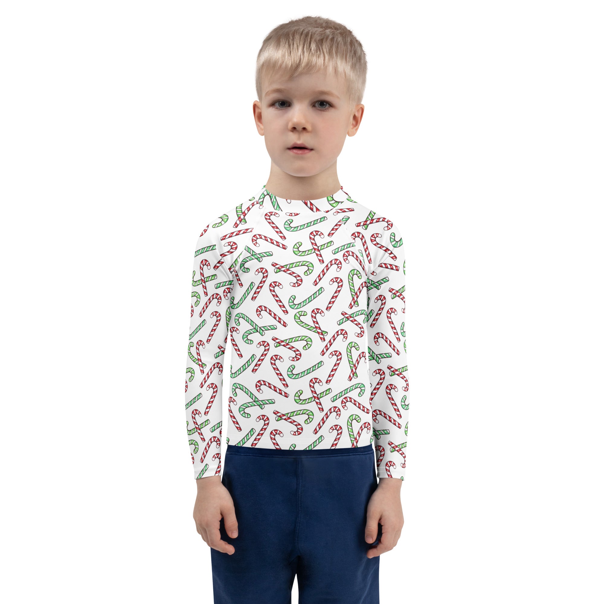 Kids Red & Green Candy Cane Christmas Long Sleeve Rash Guard Swim Shirt With UPF 50+