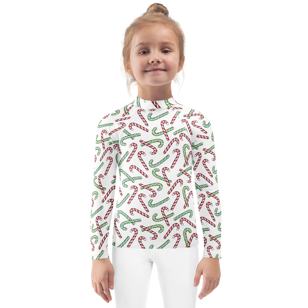 Kids Red & Green Candy Cane Christmas Long Sleeve Rash Guard Swim Shirt With UPF 50+