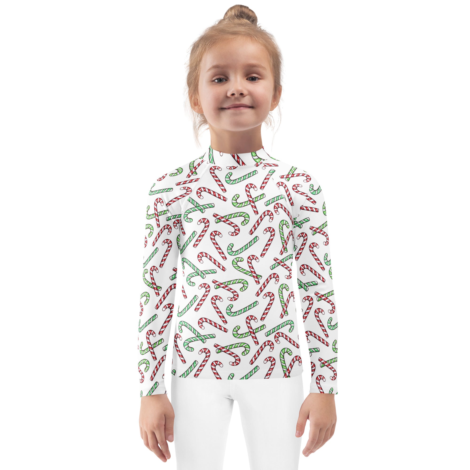 Kids Red & Green Candy Cane Christmas Long Sleeve Rash Guard Swim Shirt With UPF 50+