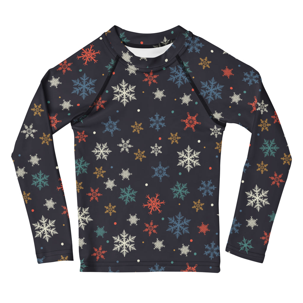 Kids colorful snowflakes long sleeve rash guard swim shirt in dark navy with multicolored snowflake pattern and UPF 50+