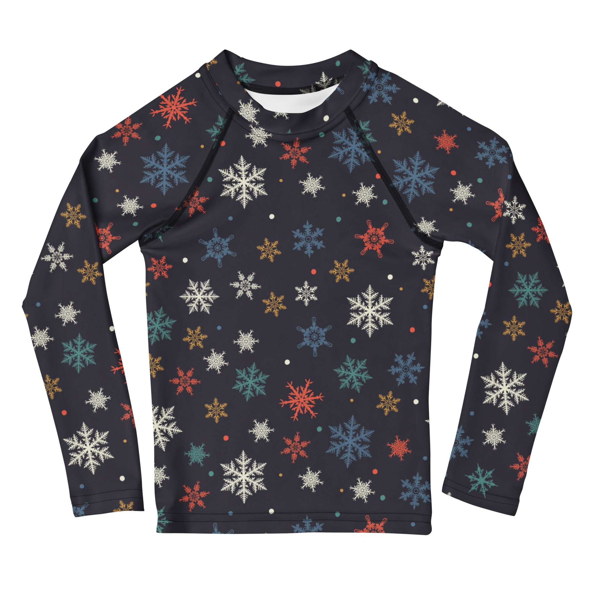 Kids colorful snowflakes long sleeve rash guard swim shirt in dark navy with multicolored snowflake pattern and UPF 50+