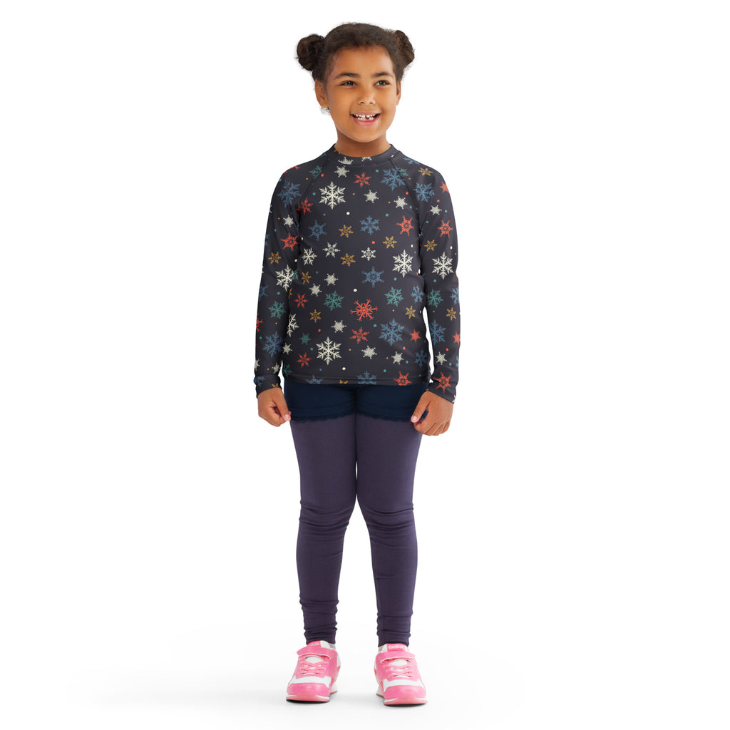 Kids colorful snowflakes long sleeve rash guard swim shirt with upf 50 plus dark gray and multicolored snowflake pattern