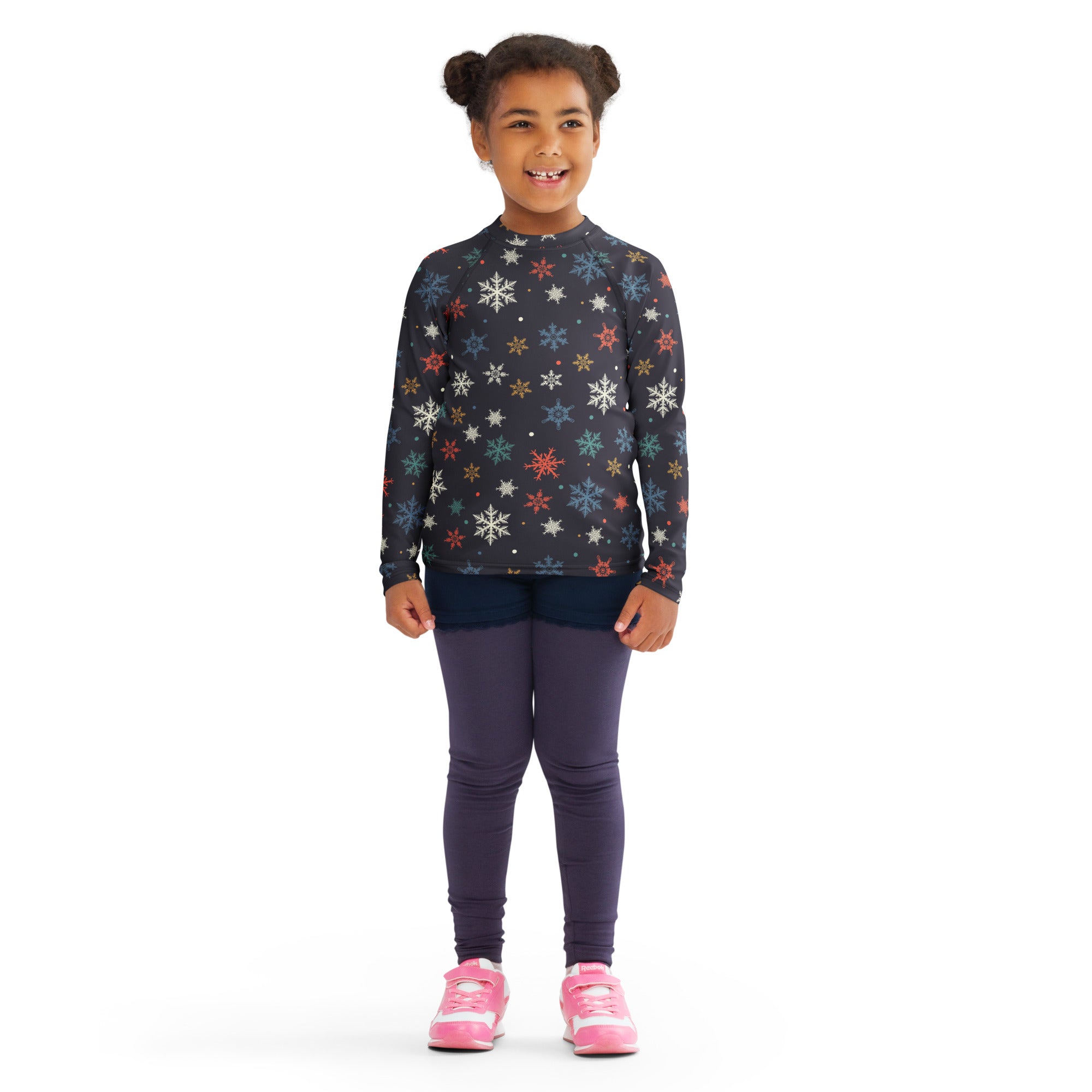 Kids colorful snowflakes long sleeve rash guard swim shirt with upf 50 plus dark gray and multicolored snowflake pattern
