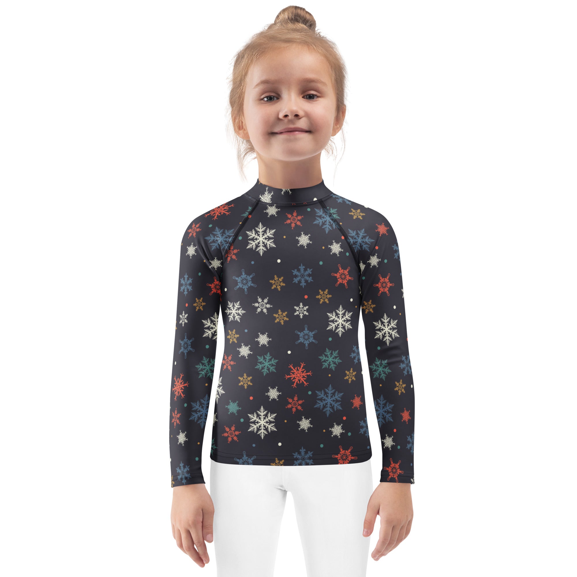 Kids colorful snowflakes long sleeve rash guard swim shirt in black with multicolored snowflake pattern and upf 50+ protection