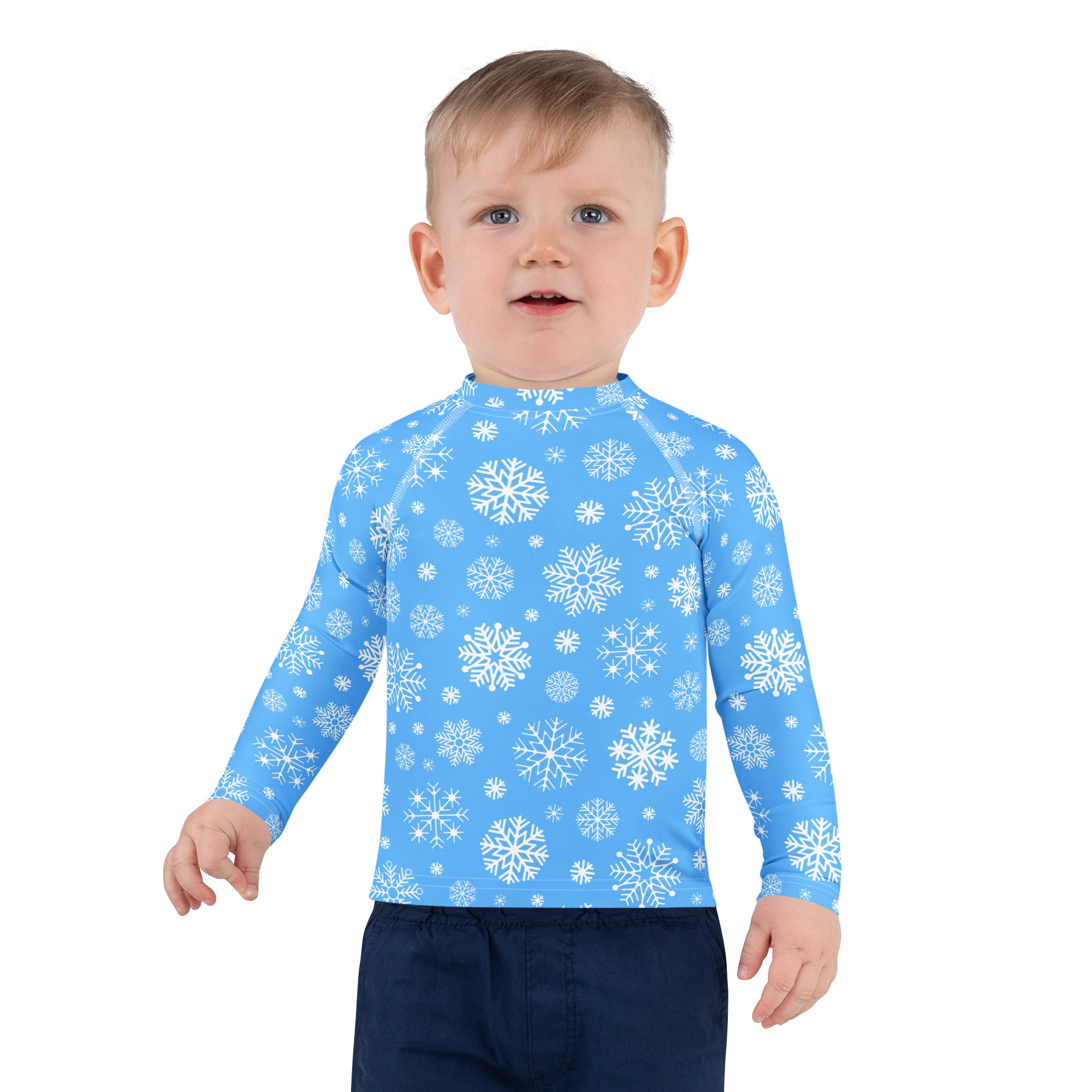 Kids blue snowflake long sleeve rash guard swim shirt with upf 50 plus featuring light blue fabric and white snowflake pattern
