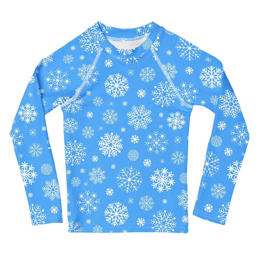 Kids blue long sleeve rash guard swim shirt with white snowflake pattern and UPF 50 plus sun protection