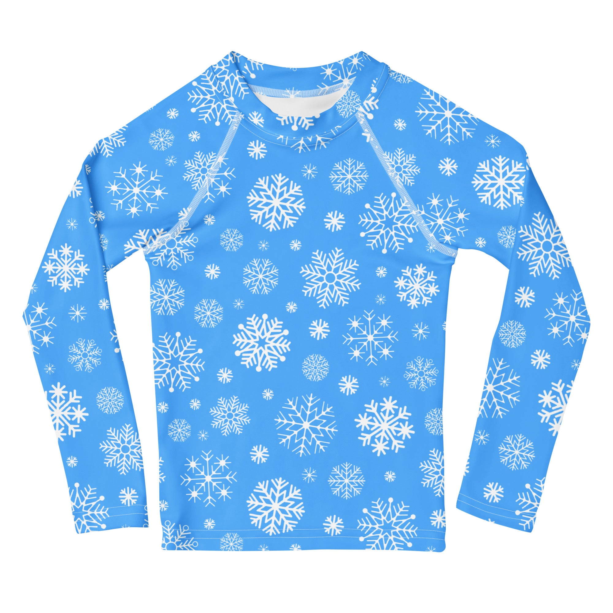 Kids blue long sleeve rash guard swim shirt with white snowflake pattern and UPF 50 plus sun protection