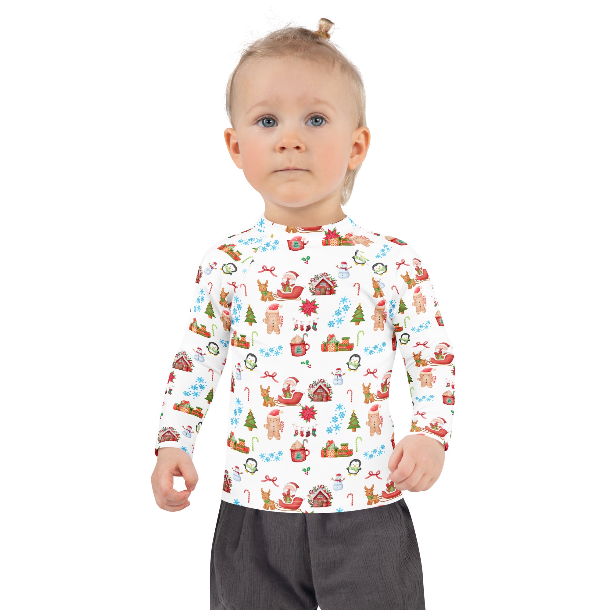 White long sleeve kids christmas rash guard swim shirt with festive red green and blue illustrations and upf 50+ protection