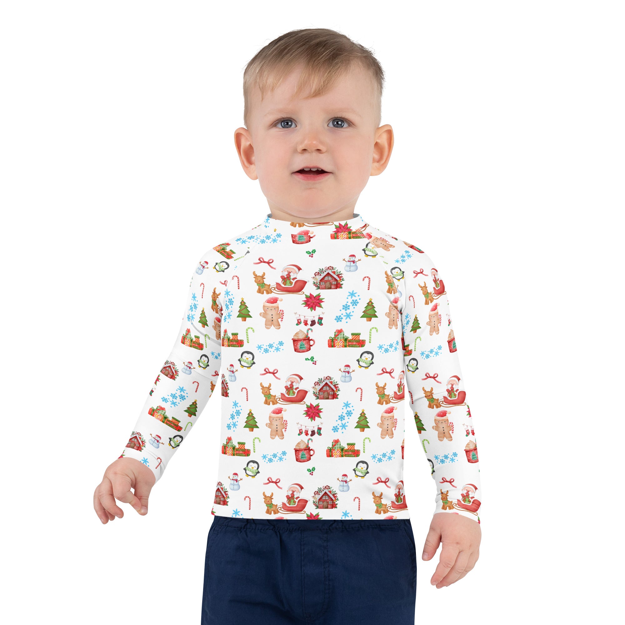 White kids christmas long sleeve rash guard swim shirt with upf 50 festive gingerbread snowmen candy cane print
