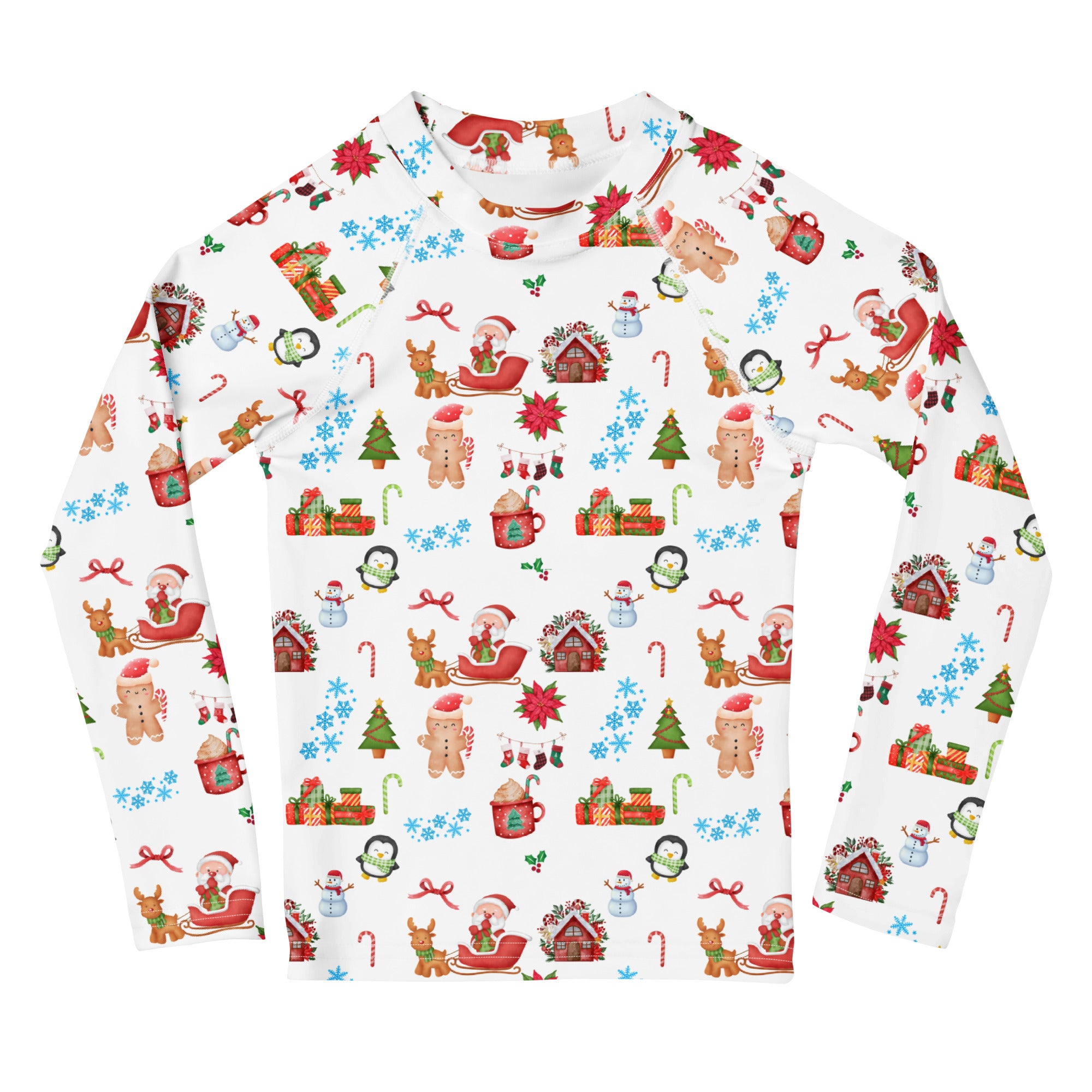 Kids christmas long sleeve rash guard swim shirt with festive gingerbread men and penguins pattern in red and green