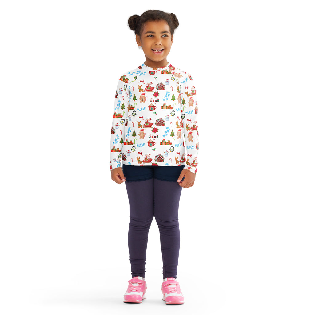 Kids christmas long sleeve rash guard swim shirt with festive santa candy cane print and upf 50 plus protection