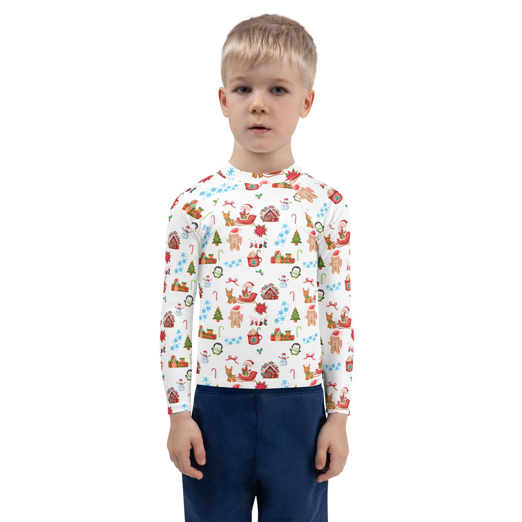 Kids Christmas long sleeve rash guard swim shirt white with festive gingerbread men snowmen reindeer candy canes design