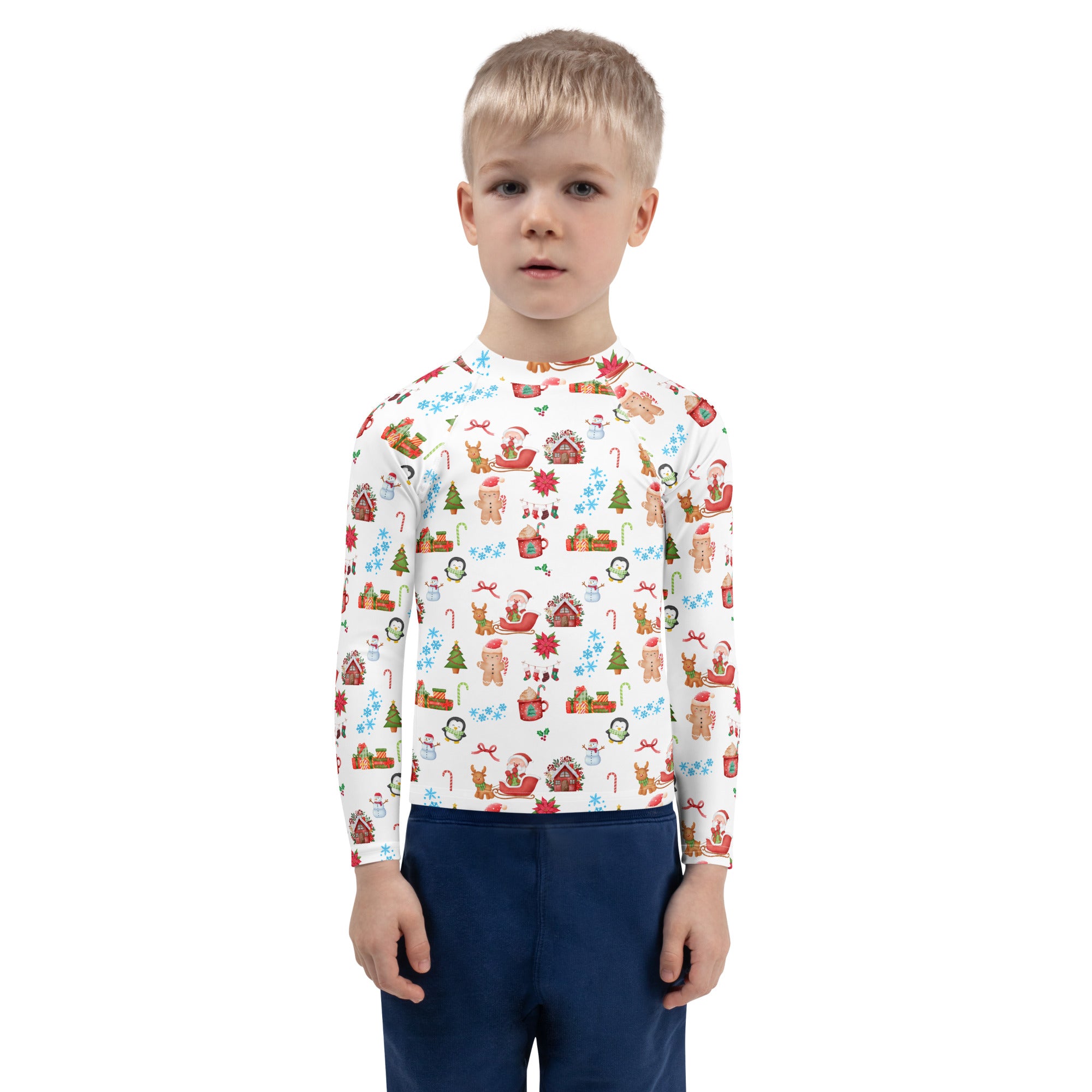 Kids Christmas long sleeve rash guard swim shirt white with festive gingerbread men snowmen reindeer candy canes design