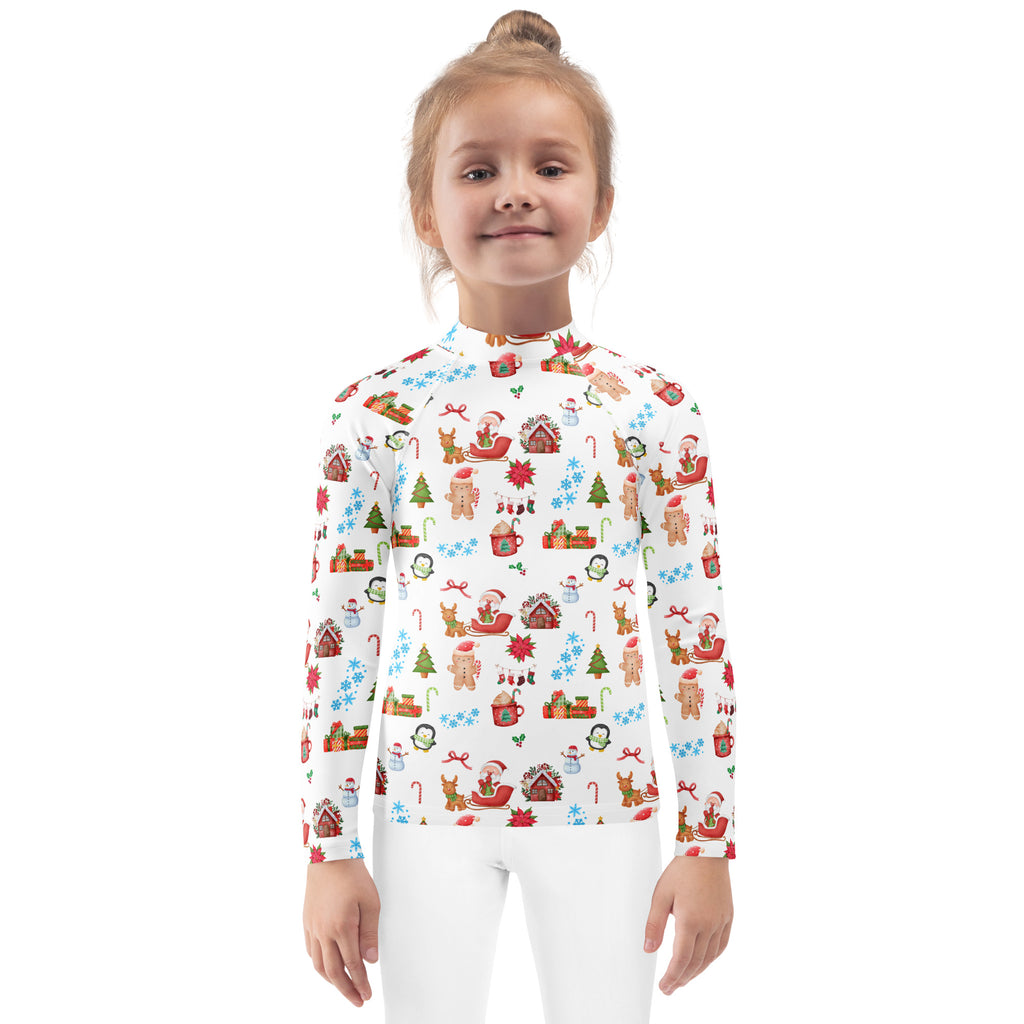 White kids christmas long sleeve rash guard swim shirt with upf 50 plus featuring festive gingerbread men and snowmen illustrations