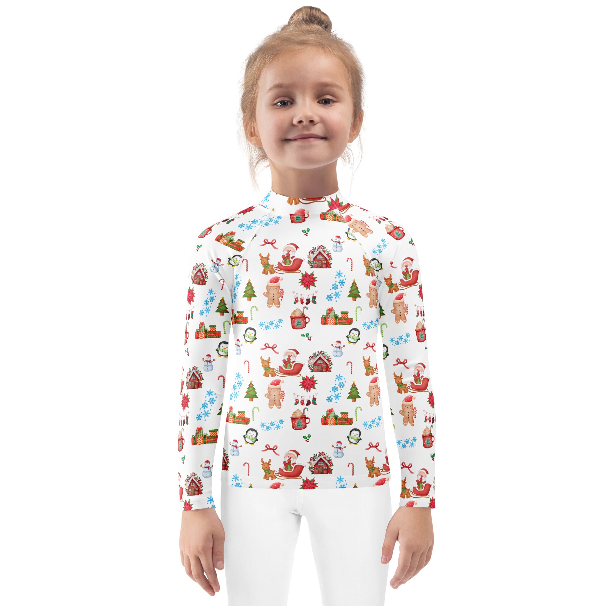 White kids christmas long sleeve rash guard swim shirt with upf 50 plus featuring festive gingerbread men and snowmen illustrations