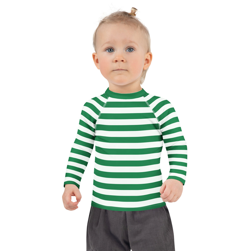 Kids green and white striped long sleeve rash guard swim shirt with upf 50 plus raglan sleeves for sun protection