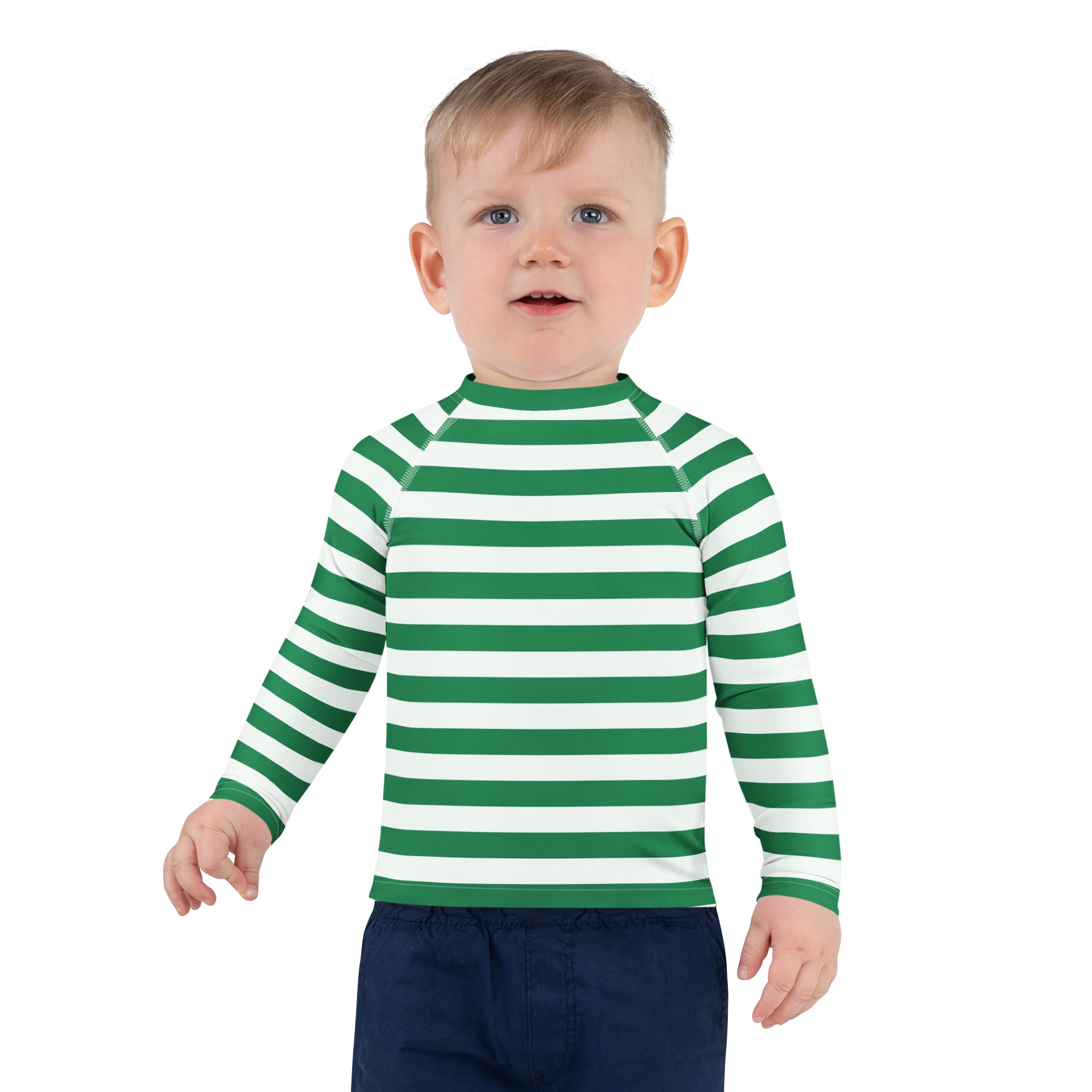 Kids green and white striped long sleeve rash guard swim shirt with upf 50+ for sun protection and christmas use