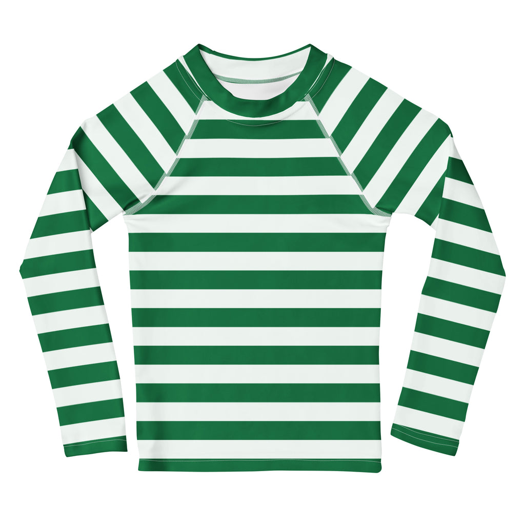 Kids green and white striped long sleeve rash guard swim shirt with upf 50+ and crew neck for sun protection